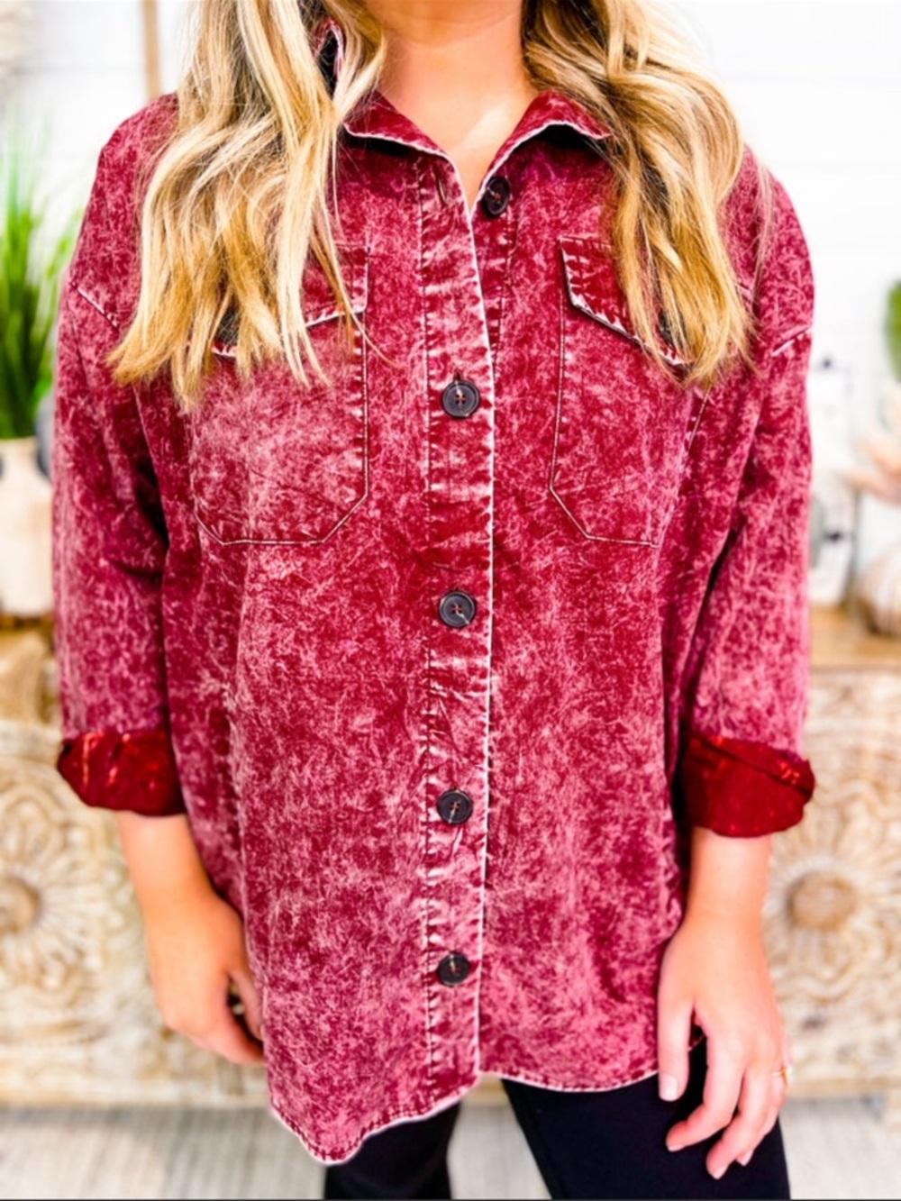 Washed Burgundy Button-Front Jean Jacket